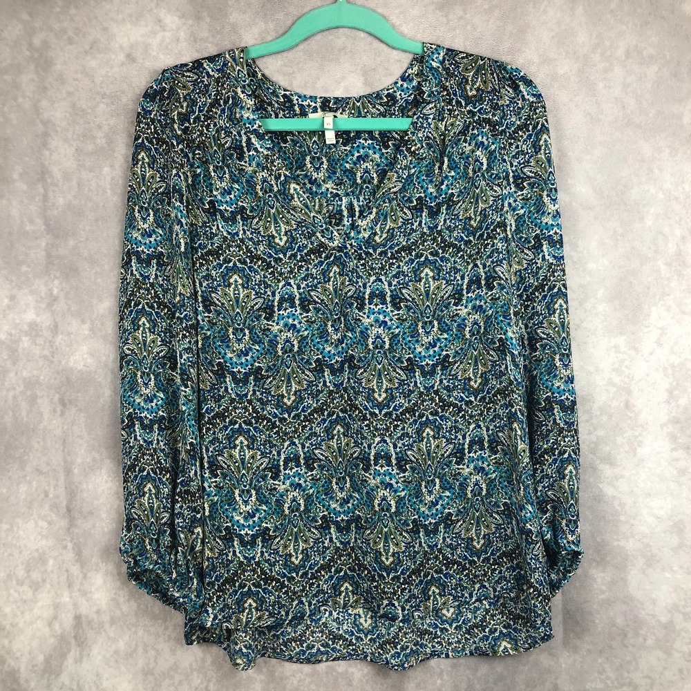 Joie Shirt Womens XS Silk Blouse Boho V Neck Long Sleeve Top Abstract Watercolor
